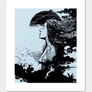 Ocean Waves And A Girl Who Loves The Sea Black And White Version Posters and Art